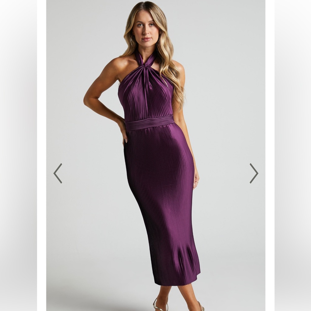 MARLETTE MIDI DRESS - PLEATED OPEN BACK HALTER DRESS IN AUBERGINE